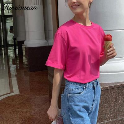 Hirsionsan Maglietta di Base in Cotone Donna Estate Nuovo Solido Allentato Magliette 16 Colori Casual Allentato Semplice T Shirt Donna Coreana O Collo Magliette Femminili