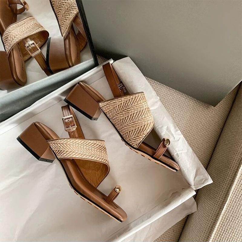 Summer Weave Clip Toe High Heeled Sandals Women Square Toe Slippers Shoes 2025 Trend Slingback Chunky Dress Bohemian Beach Pumps