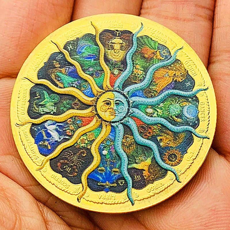 Zwölf Tierkreiszeichen, Farbdruck, Skorpion, vergoldete Farbdruck-Gedenkmedaille, Zwillinge der Liebe, dekorative Goldmünze, Waage Münze