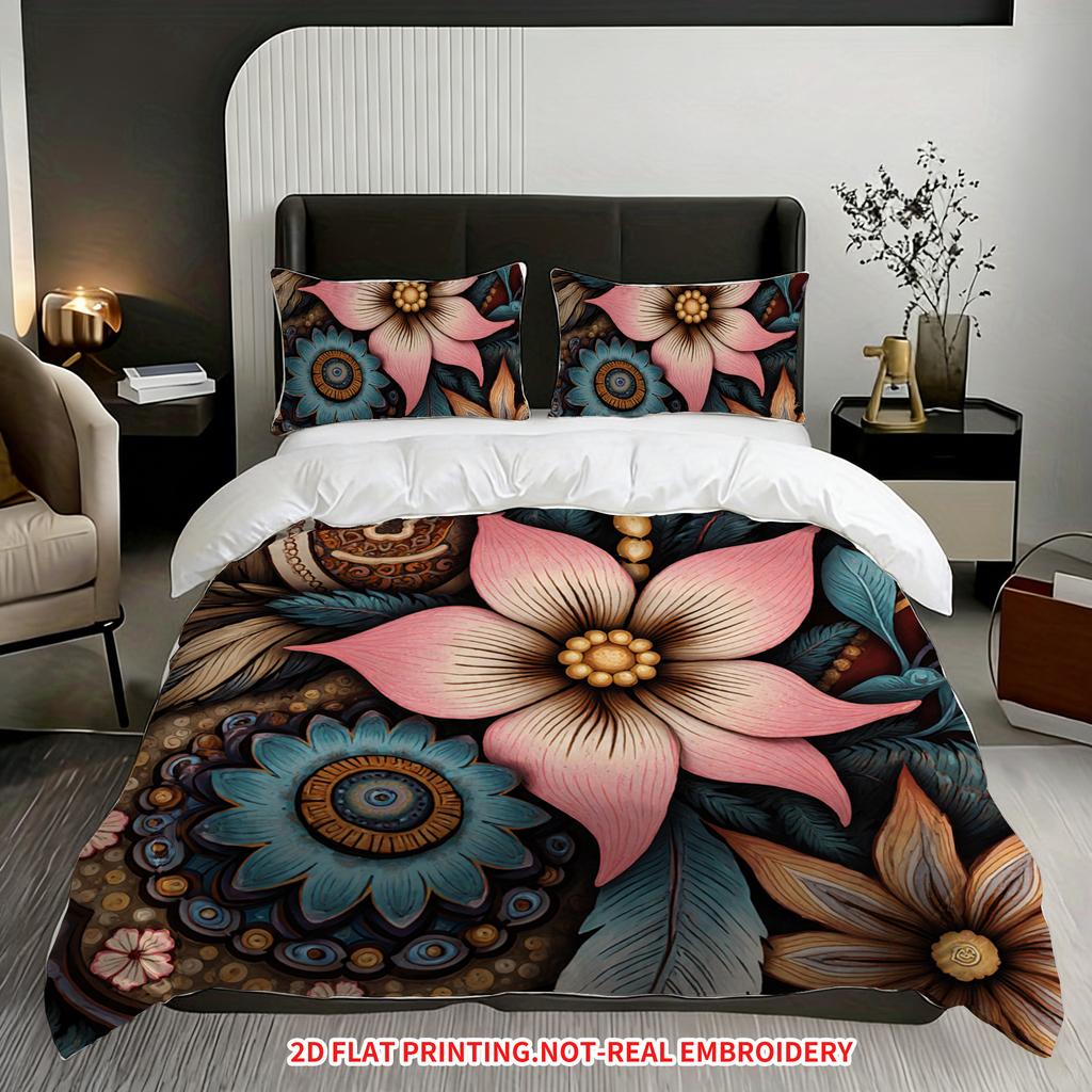 Pillowcase Quilt Cover Three-Piece Set,Retro Ethnic Style Flower Pattern,Exquisite And Elegant,Skin-Friendly And Breathable