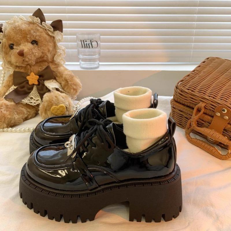 Autumn Platform Small Leather Shoes Women's New Thick Heel Heightened Black Lace-up Cotton Shoes