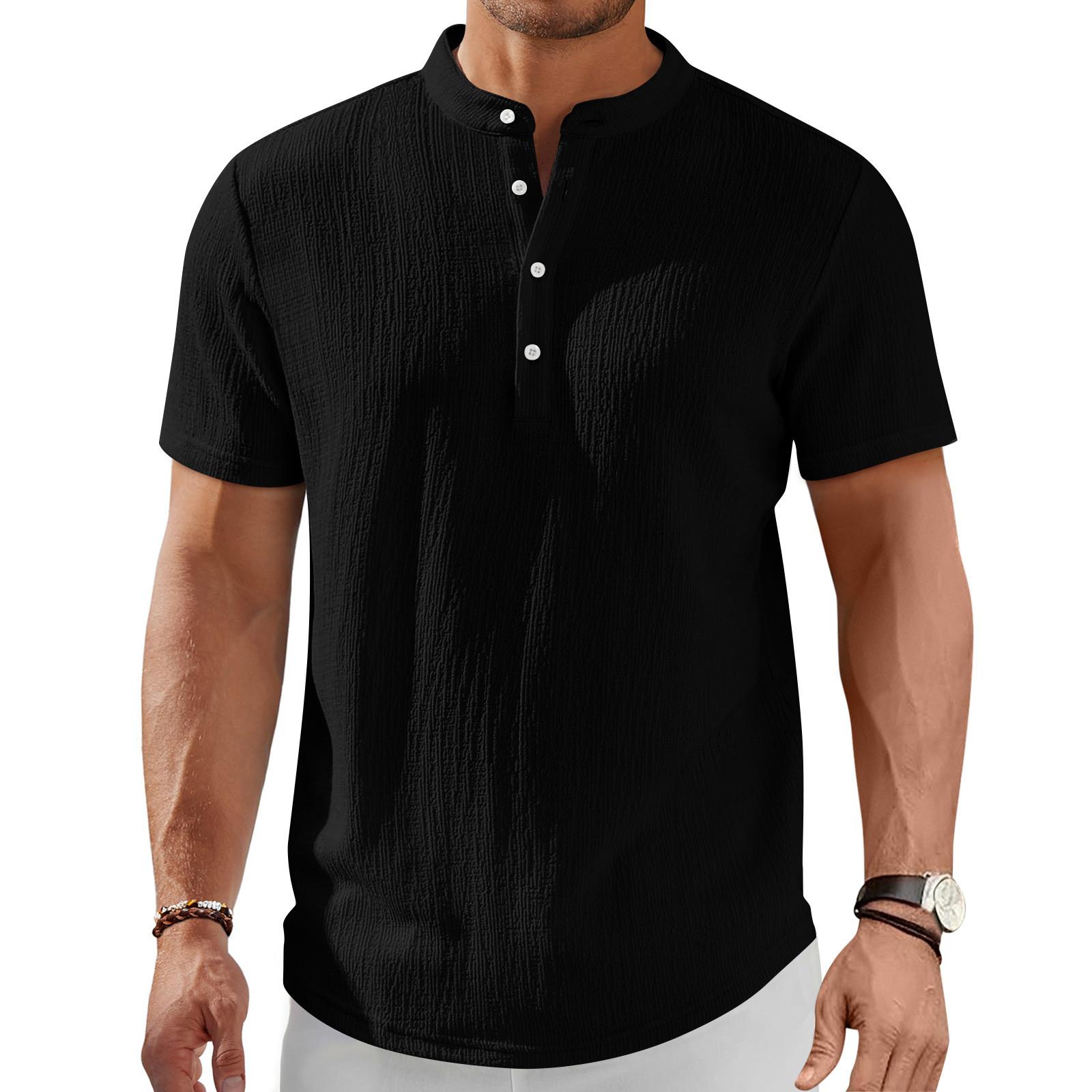 

Мужская рубашка с коротким рукавом, без воротника, на пуговицах, модная повседневная базовая футболка, топ