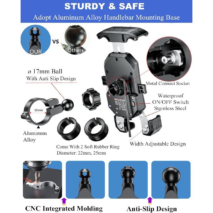 BRCOVAN Motorcycle Phone Mount Holder With Qi 15W Wireless Charger & PD/USB-C 20W Fast Charging Port, [1S Lock] Cellphone Cradle With Aluminum Alloy