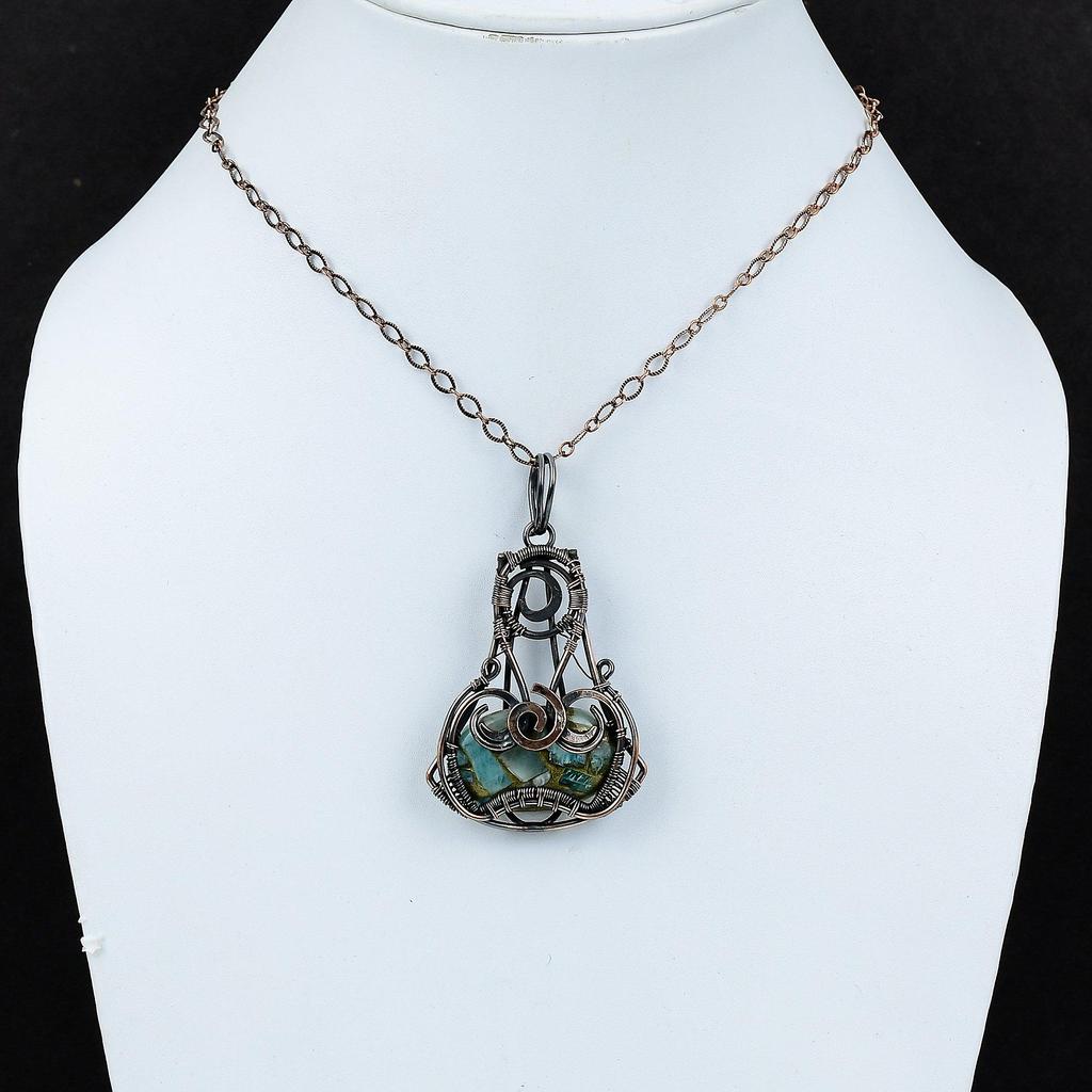 Copper Amazonite Pendant Copper Wire Wrapped Pendant Natural Gemstone Pendant Copper Jewelry Handmade Pendant Wire Wrap Jewelry Gift For Him