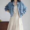New Arrivals Open Run Women Medium Blue Crop Loose Fit Denim Shirt