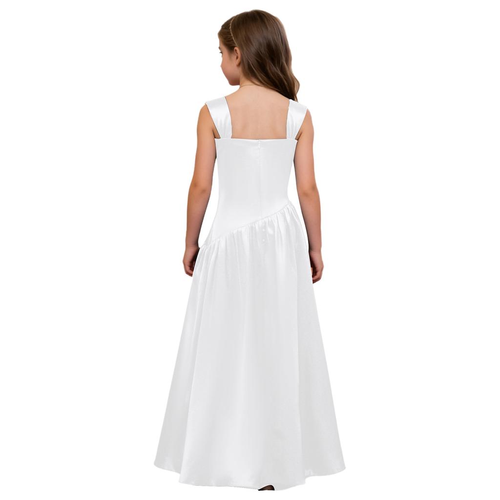Robe de Soirée Satinée Fleurie pour Fille Sans Manches Corsage Froncé Taille Basse Asymétrique Robe Coupe A Ligne Fente Latérale pour Mariage Baptême