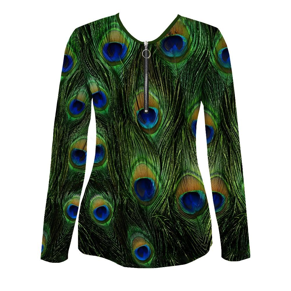 Elegant Casual Comfortable Style Painting Peacock Feather Elements Printing Pattern Code Women's Clothing Crew Neck Zipper Long Sleeve