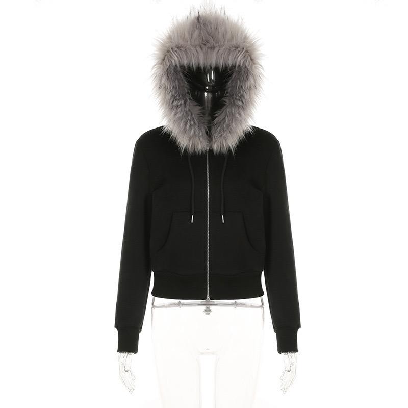 Харадзюку Y2k Миллениал Красотка Американский Ретро Меховой Воротник Лоскутный Худи Толстовка на Молнии Женская Осень/Зима Хип-Хоп Куртка на Молнии S
