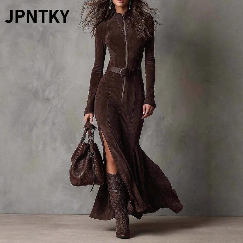 JPNTKY Women's Long Sleeve High Neck Fashion Autumn Winter Casual Dresses