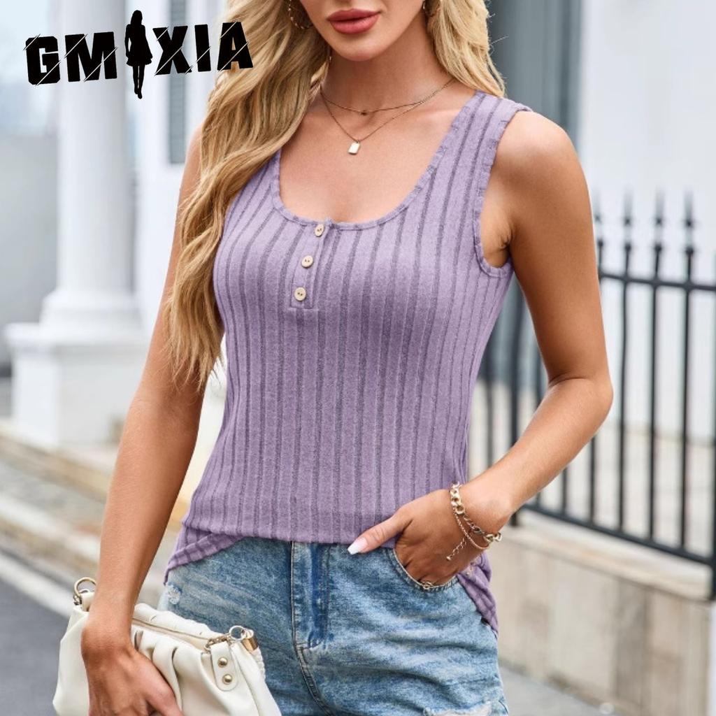 GMXIA Women's Casual Fashion Sleeveless Knit U-neck Pit Strip Slim Button Vest
