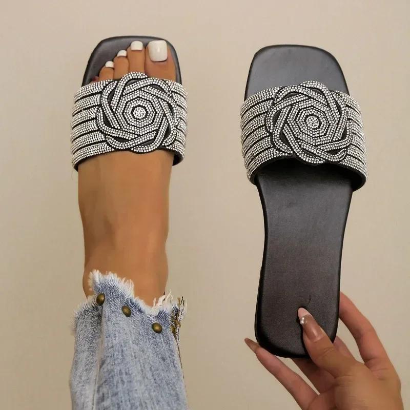 Fashion Lady Slippers Summer New Fashion Open Toed  Roman Shoes for Women Rhinestones Sexy Flat Flip Flops Slides Zapatos Mujer