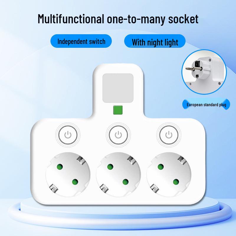 Tomada Europeia 16A 3-em-1 com Interruptor Individual e Luz Noturna, Certificado CE Adaptador Francês/Europeu