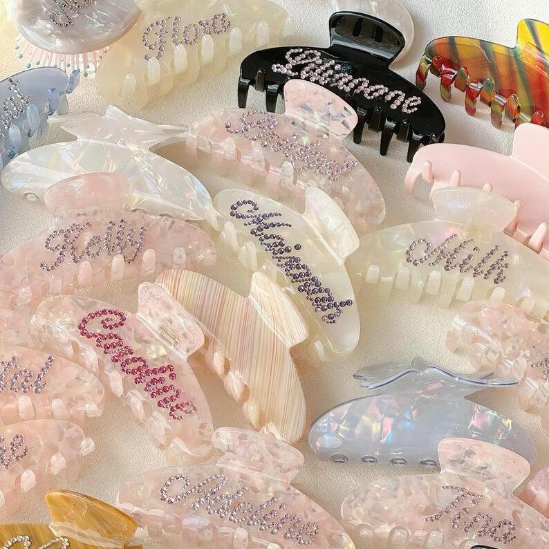 Personalisierte Strass-Buchstaben-Haarspange - Europäischer & Amerikanischer Stil Azetat Hai-Haarklammer