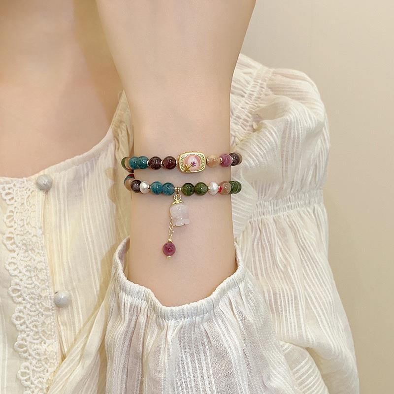 Sweet Colorful Natural Tourmaline Stone & Freshwater Pearl Flower 14K Gold Filled Ladies Charm Bracelet  For Women Gifts
