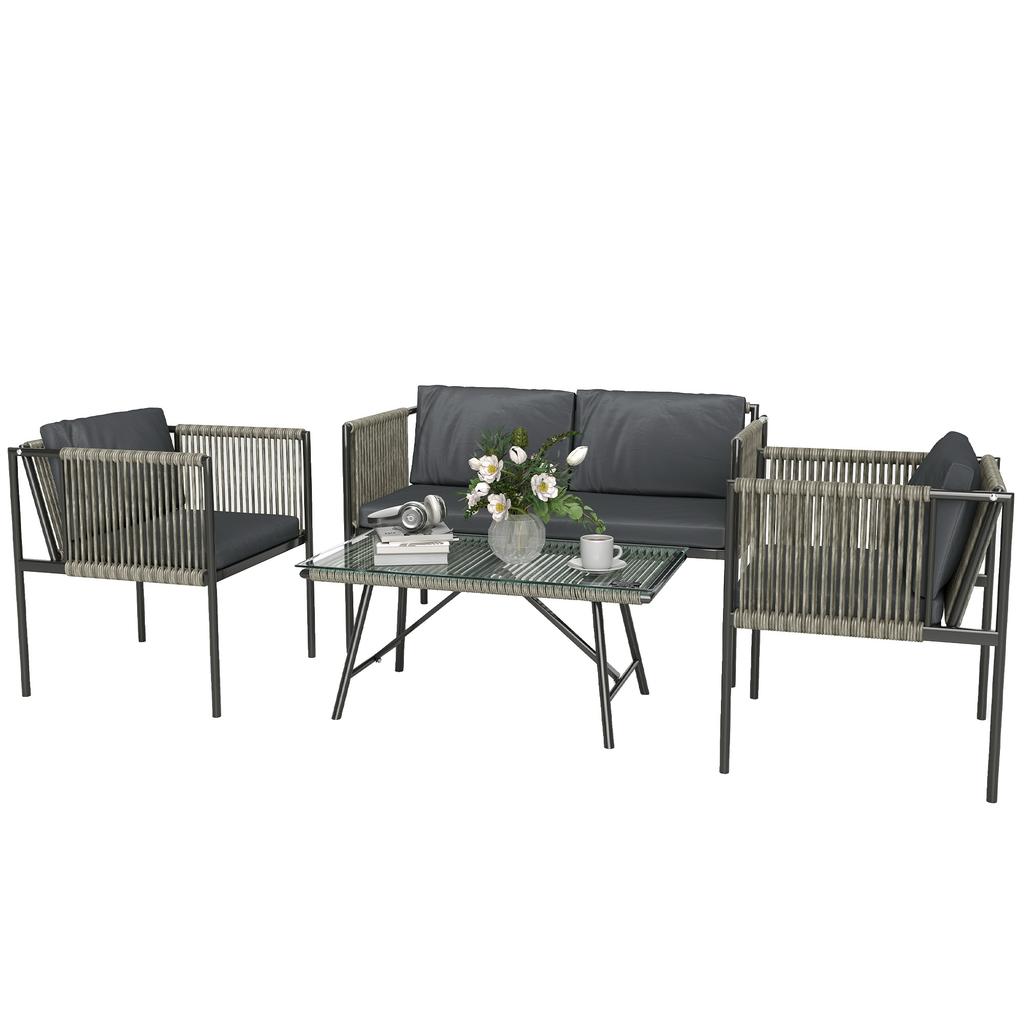 4-Piece Garden Furniture Set, 1 Sofa, 2 Armchairs, 1 Table with Glass Top, Cushions, Steel Frame, Plastic Rattan, Gray