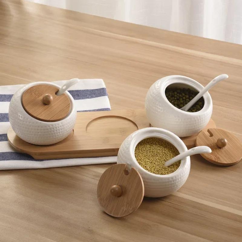 Ceramic Seasoning Jars with Wooden Lid Salt Shakers Kitchen Area Supplies White Spice Organizer Canister Spoon Set White Sugar Box for Home