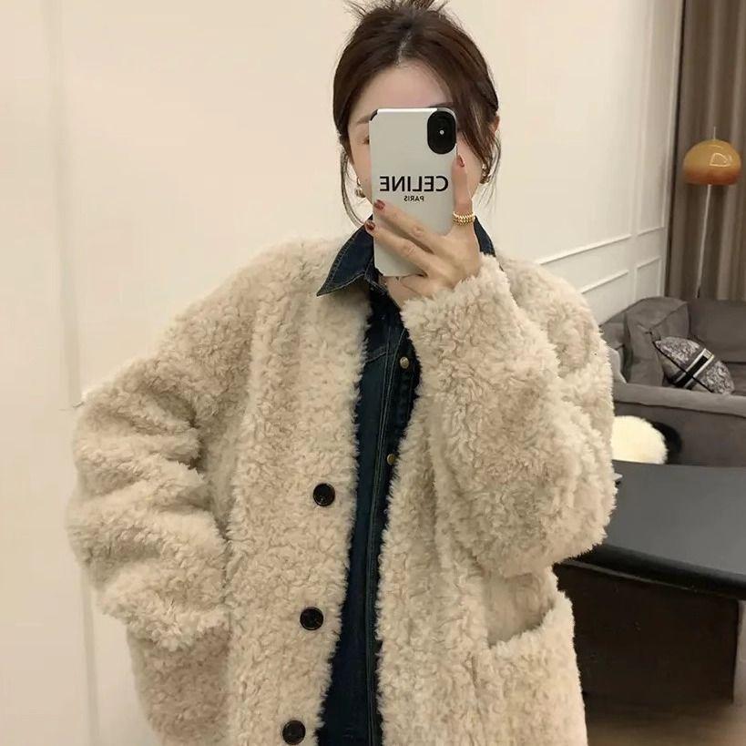 Women s Autumn/Winter 2025 V-neck Lambswool Mid-length Coat - Thick and Loose Fit L for 56-62.5 kg
