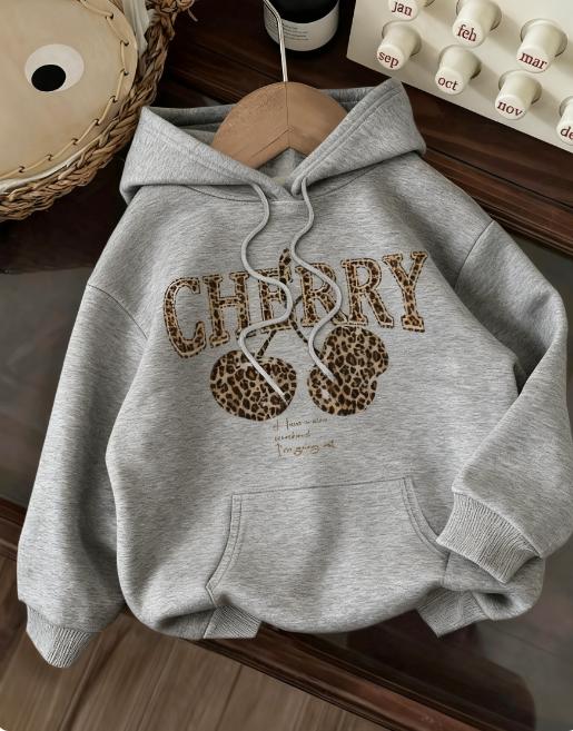2025 Neues Damen Herbst Winter Sweatshirt Lässiges Langarm Oberteil Kapuzenpullover Damenbekleidung Leopardenmuster Kirsche Buchstabendruck