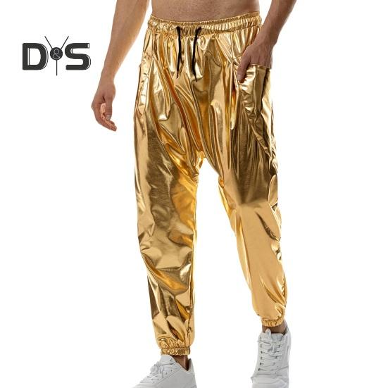 

Мужские брюки с завязками, эластичной талией, глянцевой поверхностью, свободные, мягкие, дышащие, боковые карманы, плиссированные, одноцветные, шаровары, повседневные, повседневные, длинные, для бега XL золотистый