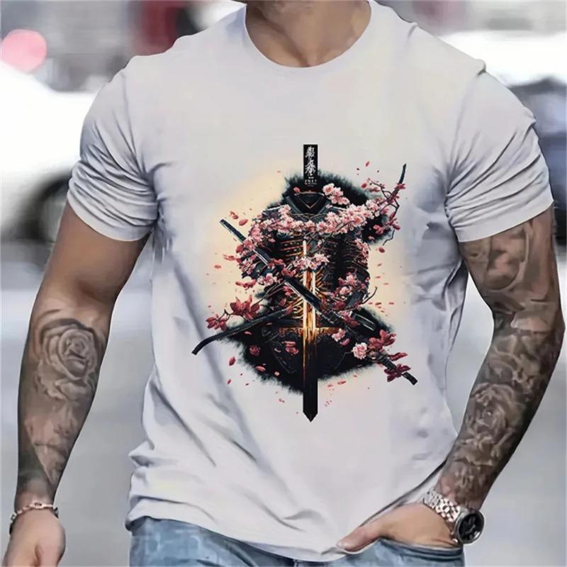 Camiseta de Samurái Japonés Impresa en 3D para Hombre Camisetas con Patrón de Personalidad Moda de Verano Cuello Red Tops Sueltos de Calle Camisetas de Manga Corta