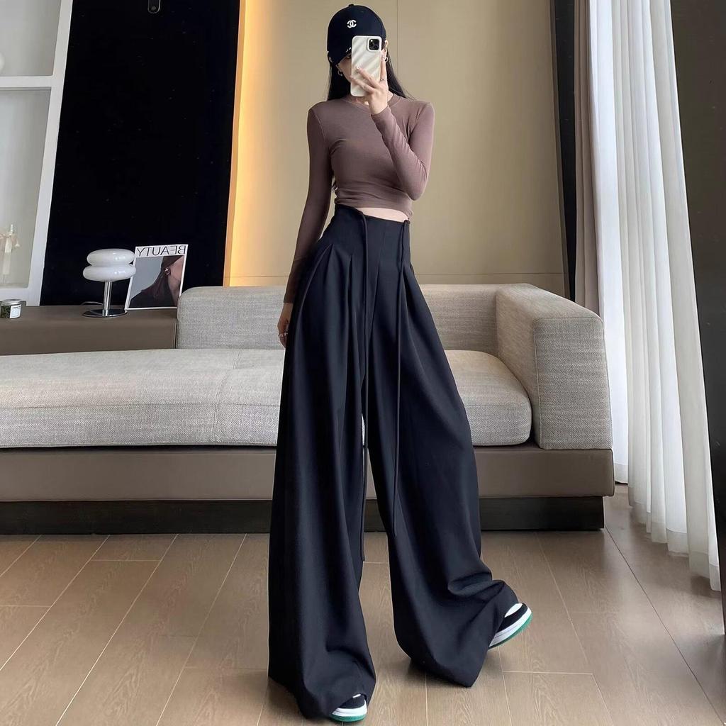 High-Grade Gray Wide-Leg Floor-Length Lace-Up Belly-Control Casual Pants for Women