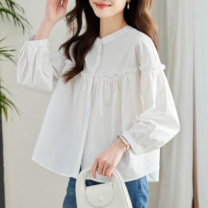 

Женская блузка с круглым вырезом в горошек, с длинным рукавом, летняя, свободная, повседневная, с оборками из чистого хлопка XXL