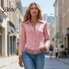 Slim Fit Fringe Blouse Women Tassel Shirt for Autumn, Button Down Regular Blouses Blouse, Solid Color Casual Long Sleeve Top, Western Cowgirl