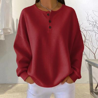 Yousheng Women Tops Crew Neck Buttons Decor Long Sleeve Pullover Tops Solid Color Waffle Weave Textured Blouse Daily Wear