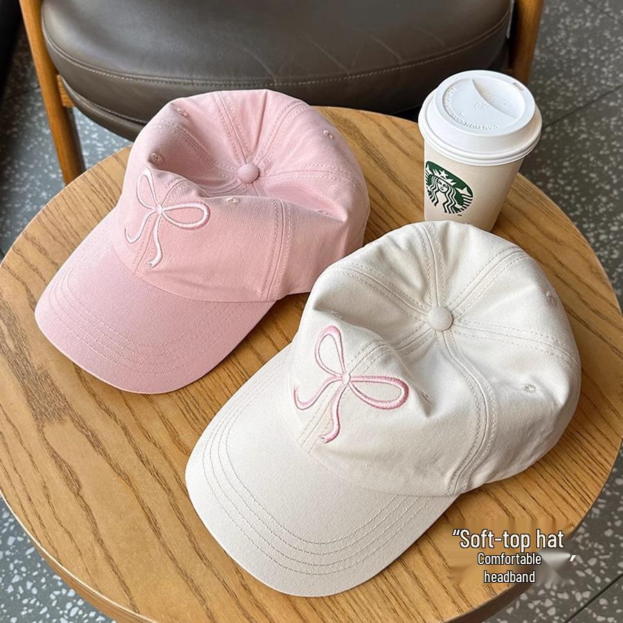 Korean Style Pink Bow Baseball Cap for Girls - Cute, Sweet, Versatile, Soft Crown, Peaked Hat