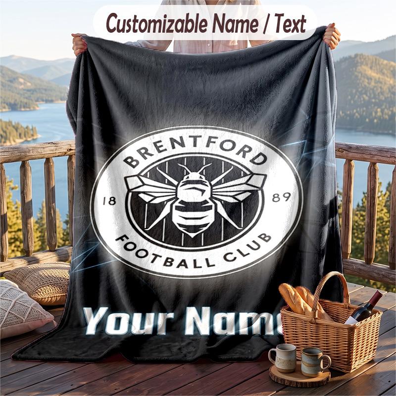 Flannel Blanket Brentford Football Print Custom Name Text Soft Throw for Sofa Bed
