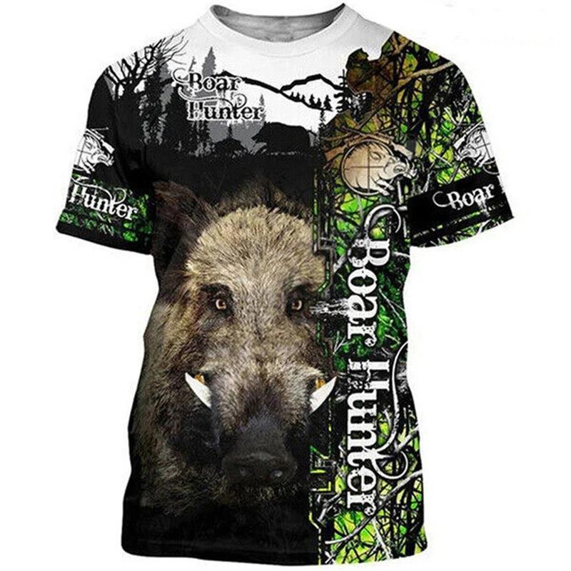 Wild Boar Hunting Themed Jungle Scenery 3D Print Short Sleeve T-Shirt Casual Outdoor Top