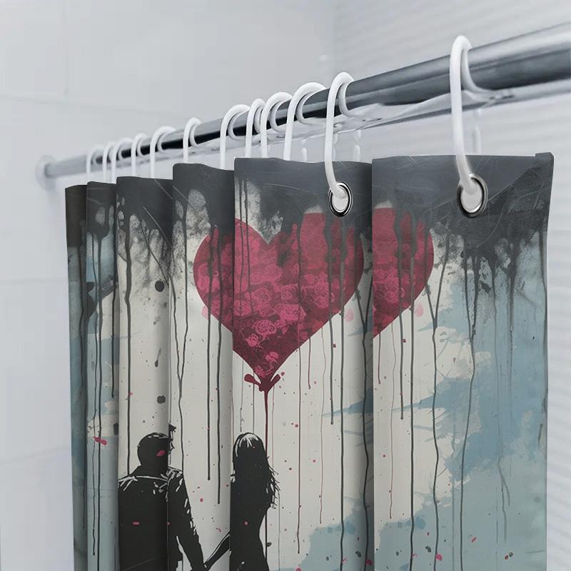 Romantic Couple With Heart Balloon Shower Curtain For Bathroom Decoration