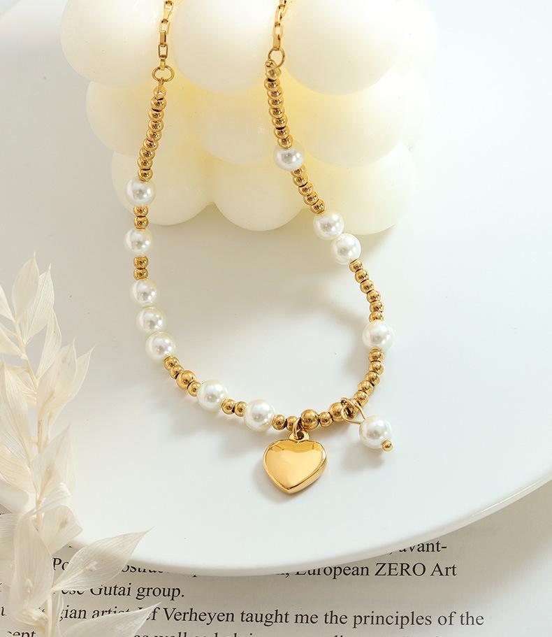 Handmade Heart Pendant Necklace with Faux Pearl & Gold-Plated Titanium Steel for Women's Fashion