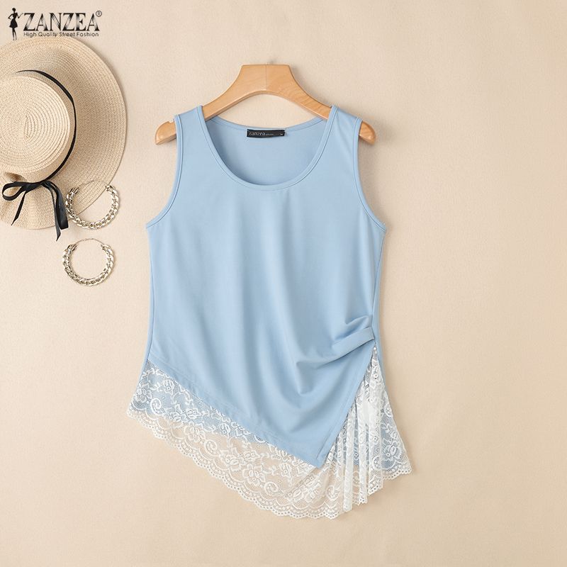 ZANZEA Women Casual Round Neck Lace Splice Summer Sleeveless Vest Tops