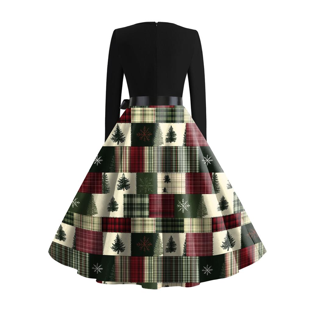 Vestido retrô feminino casual com decote em V e manga comprida, estampa retrô de Natal