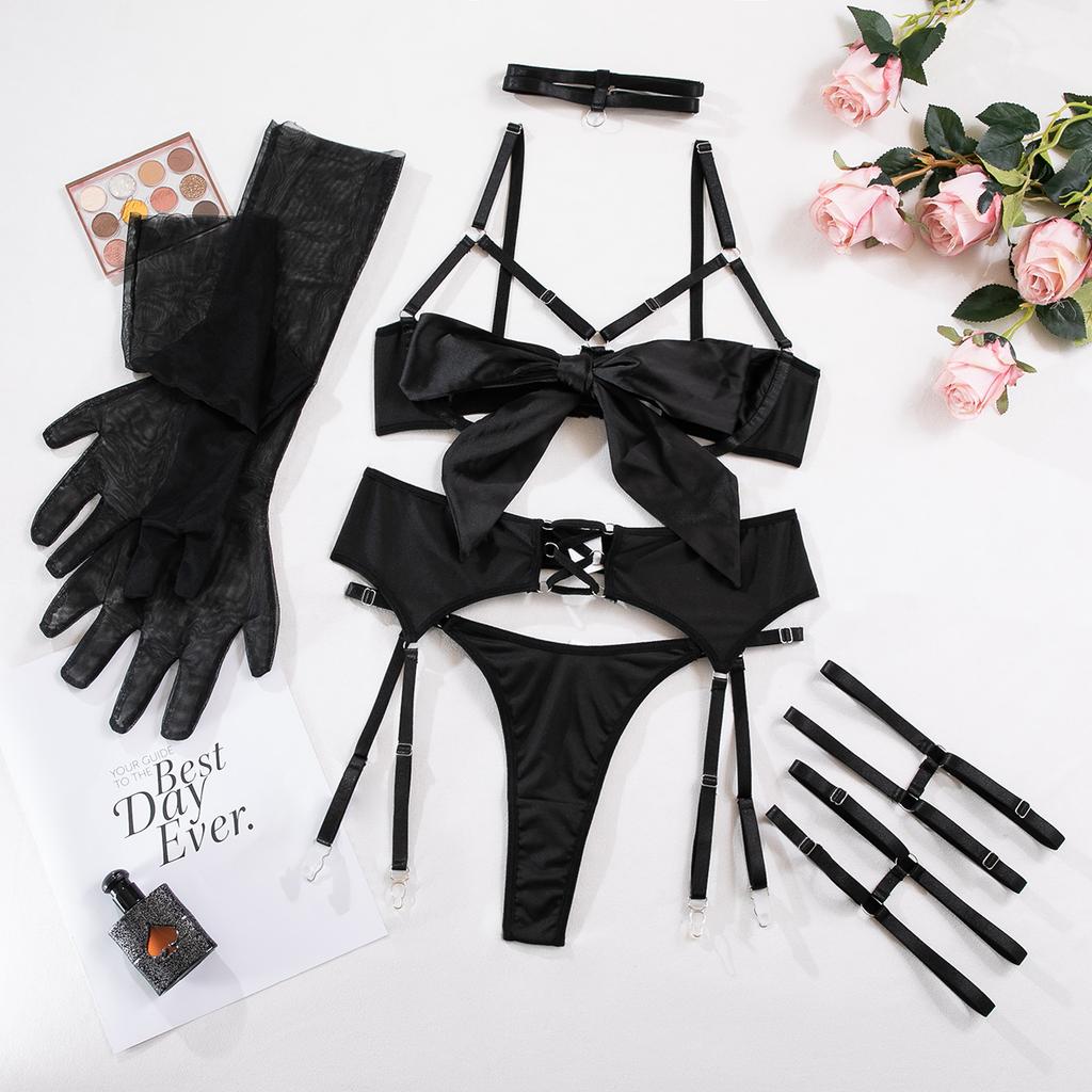 Sexy Black Open Breast Satin Bowknot Strappy Lingerie 6pcs Sets Open Bra And Back Open Panty Underwear Set Fancy Erotic Suit New