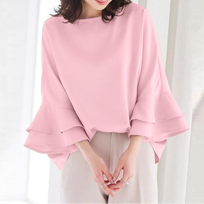 

ZANZEA Женская свободная блузка с круглым вырезом и рукавами-фонариками в повседневном стиле S розовый