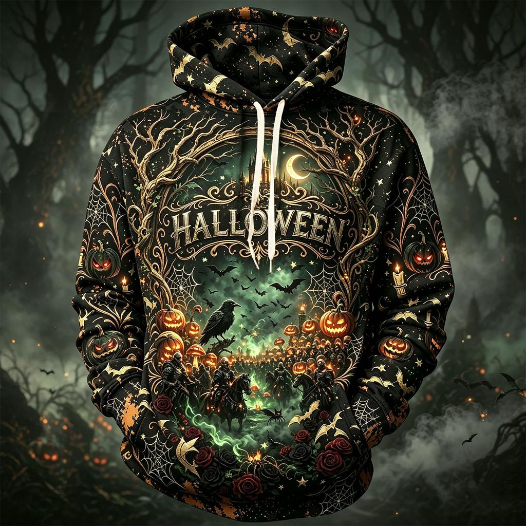 Men's Casual Hoodie Long Sleeve Sweatshirt with Halloween Graphic Print for Fall