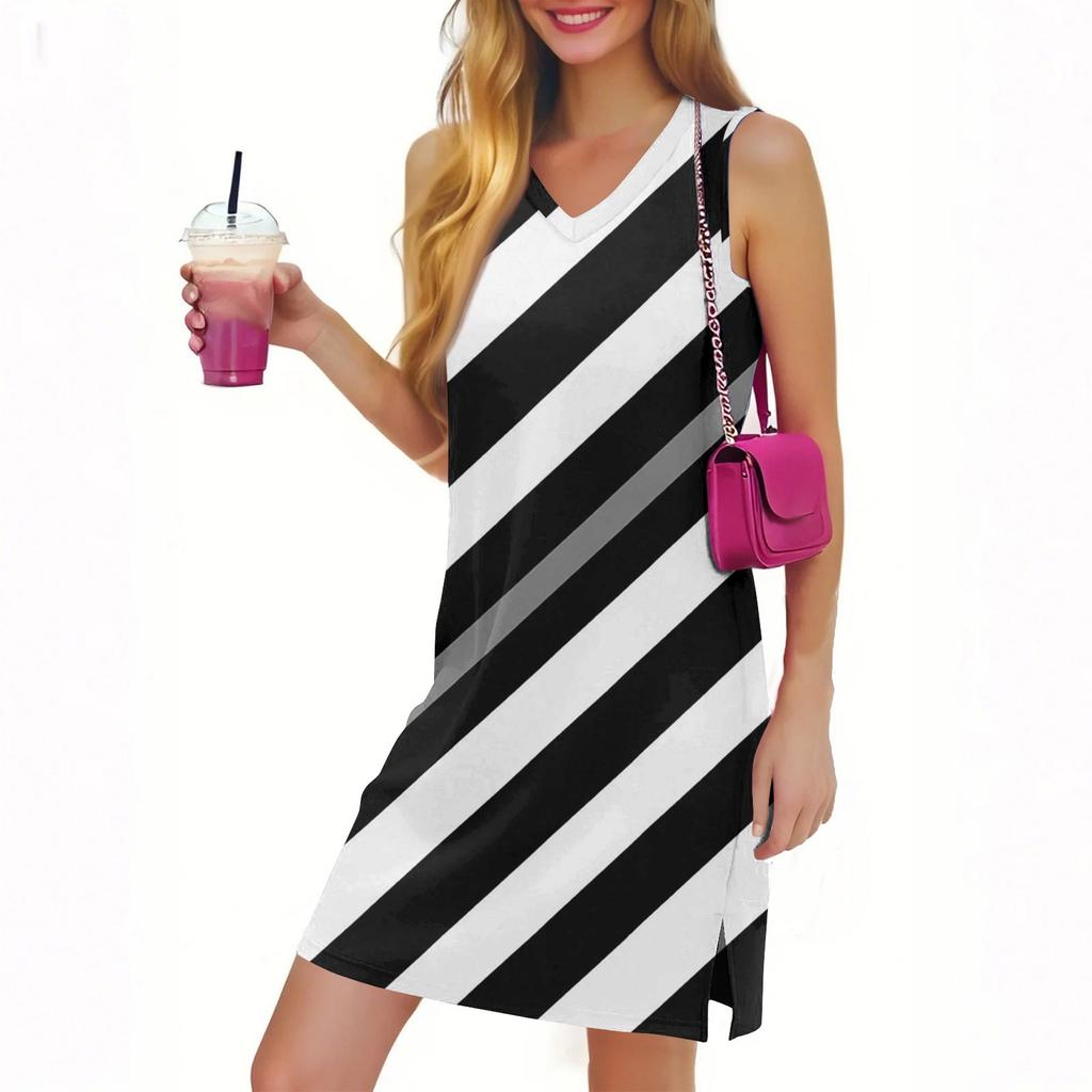 Women's V-neck Plaid Print Sleeveless Hem Slit Dress