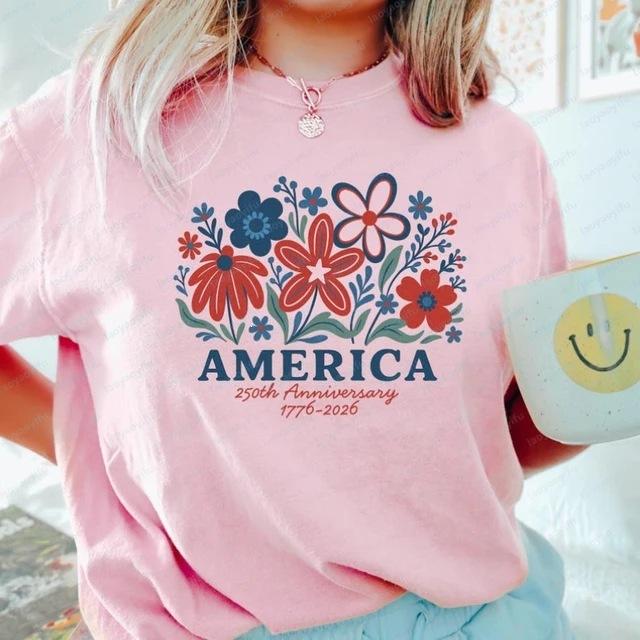 

Floral Flag United States 250 Years Tops Independence Day Shirt 250th Anniversary Tee 4th of July Patriotic Women Casual Apparel S