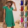 Women's V Neck Ruffle Sleeve Loose Fit Solid Color Casual A Line Summer Dress
