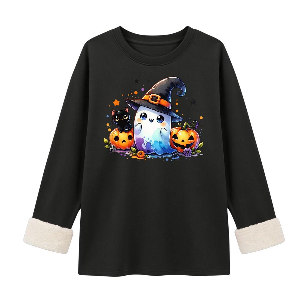 Women's Lined Round Neck Long Sleeve Halloween Print Casual Top for Winter