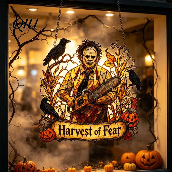 Translucent Pumpkin Crow Dead Tree Signs Halloween 2D Horror Window Hanging Decor, Acrylic Glowing Suncatcher with Outdoor Waterproof