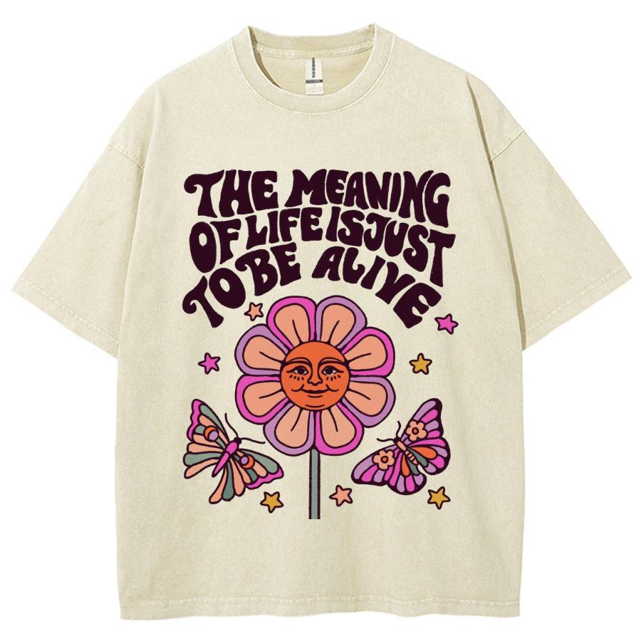 Koszulka damska z nadrukiem kwiatów i motyli, sprany denim, oversize, okrągły dekolt, para, styl unisex, z krótkim rękawem, słodki top typu sweetheart