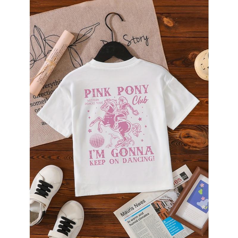 Europäische Größen Mädchen-T-Shirt Gestricktes Oberteil Mit Pony Club Design und dem Spruch 'Ich möchte mit Mama Fußball spielen' im beidseitigen Druck.