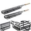 Stainless Steel BBQ Grill Basket with Wooden Handle Non-Stick Sausage Roasting Cage Multi-functional Grill Utensil for Outdoor Camping