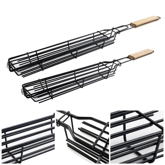 Stainless Steel BBQ Grill Basket with Wooden Handle Non-Stick Sausage Roasting Cage Multi-functional Grill Utensil for Outdoor Camping