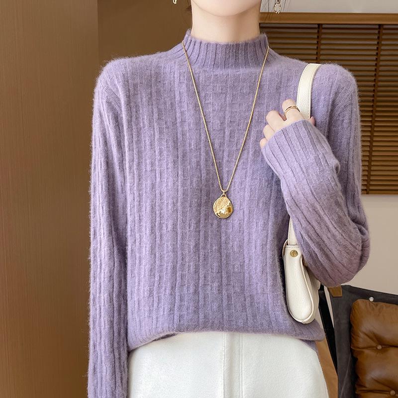 Women's Versatile Solid Color Wool Knit Sweater - Loose Half-High Collar, Long Sleeve Autumn & Winter Base Layer.