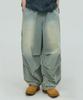 PLACESTUDIOMAN Front Washed Hem Drawstring Swing Balloon Wide Denim Elastic Waist Pants [Light Wash]