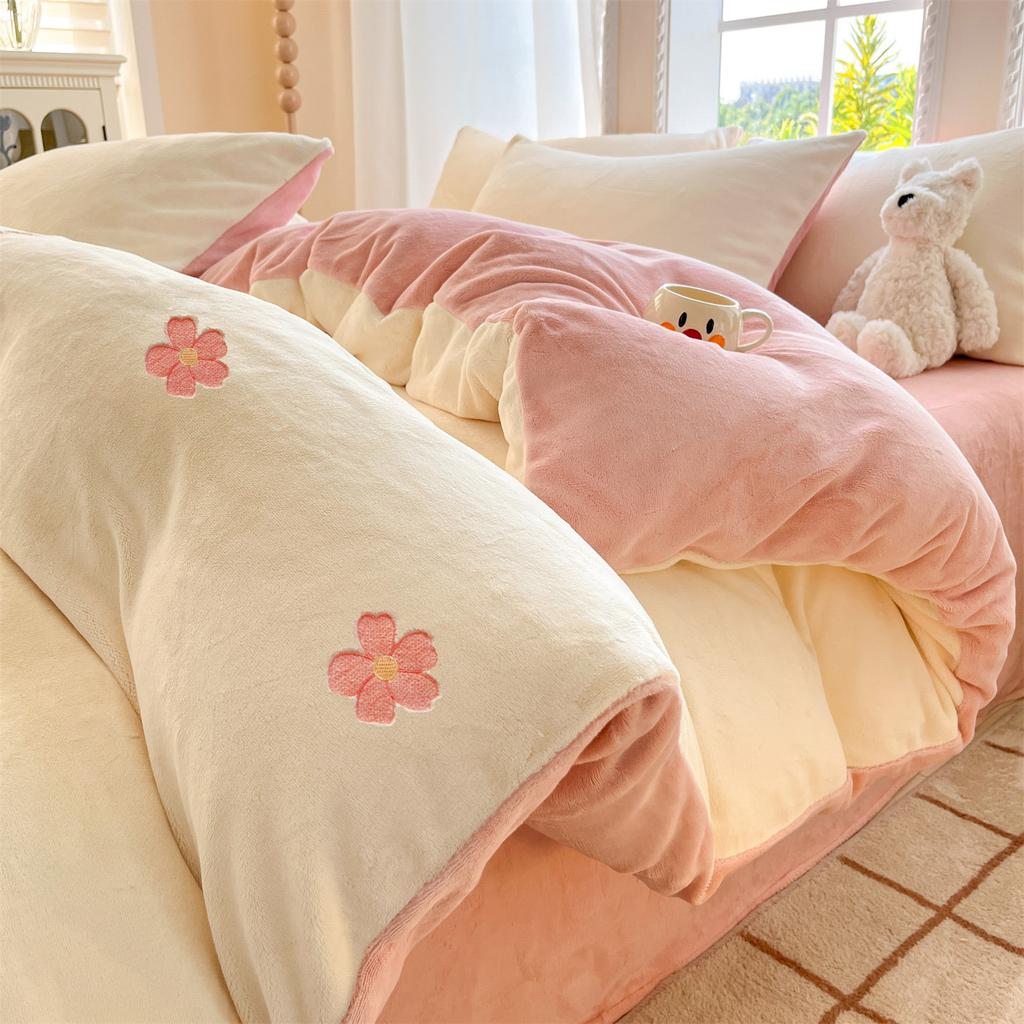 Thickened Milk Fleece Four-Piece Set, Embroidered Coral Fleece Quilt Cover, Thermal Bedding, Fleece Bed Sheet Three-Piece Set